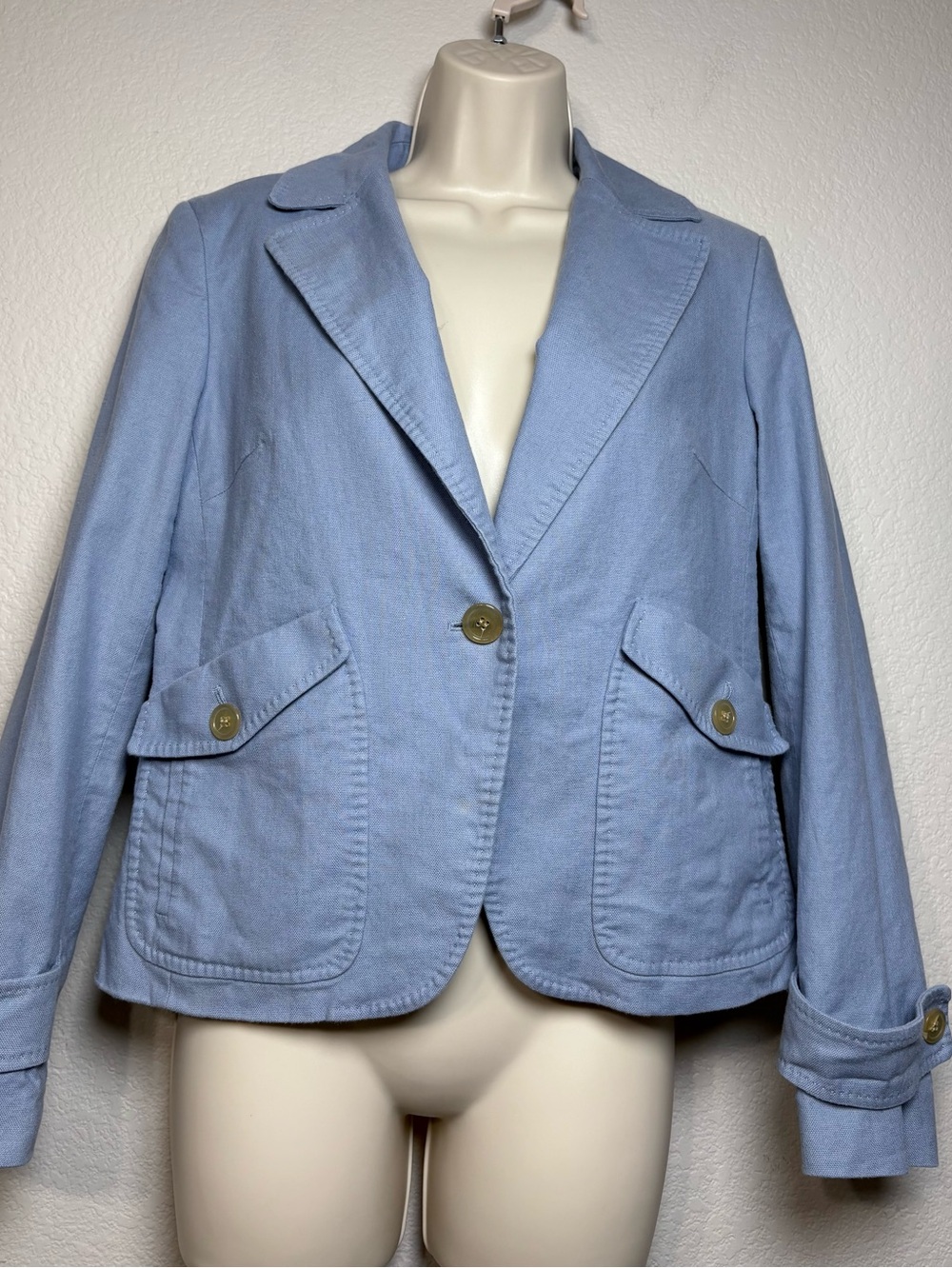 Talbots Grace Fit Powder Blue Cotton Linen Blend Single-Button Blazer Pockets 10